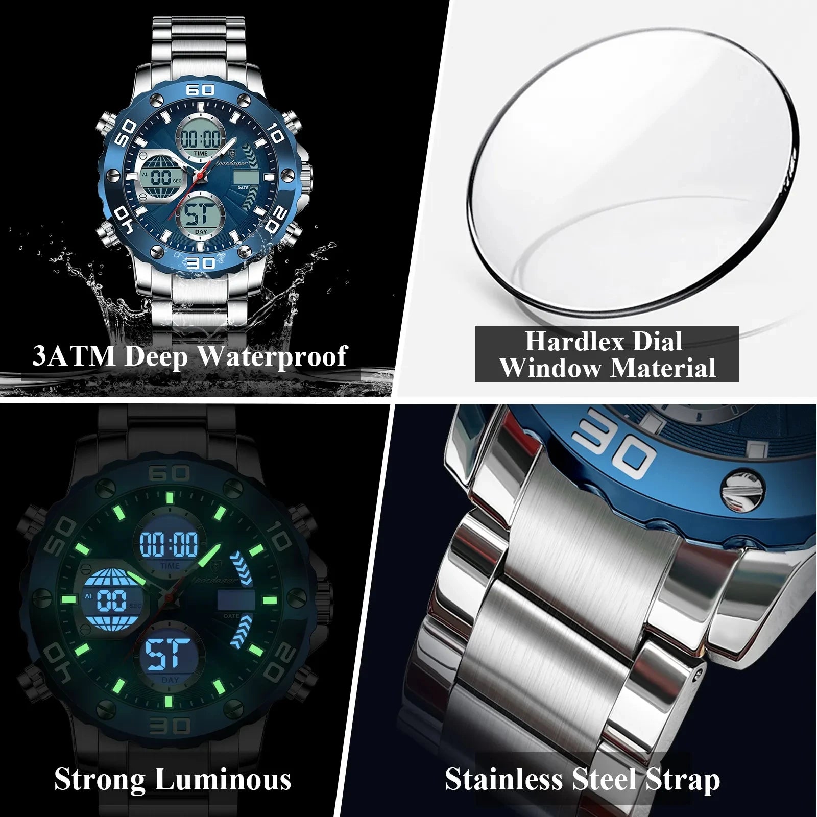 POEDAGAR E102 Dual Time Display Digital Quartz Men Watch Sport Stainless Wristwatch LED Alarm Electronic Waterproof Mens Watches