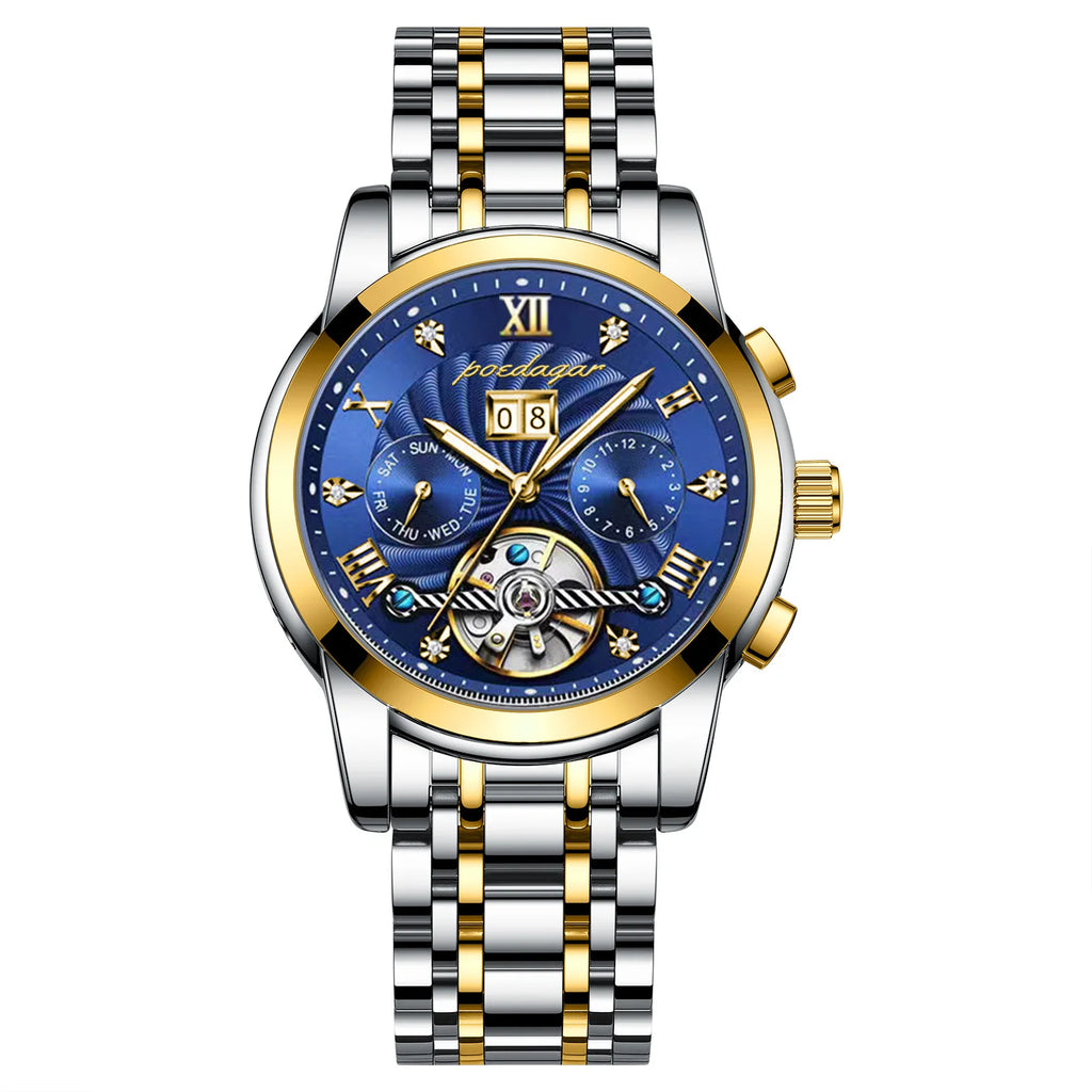 POEDAGAR 1408 Automatic Tourbillon Business Watch Luxury Hollow Waterproof Stainless Steel Men Mechanical Watches Gold Blue