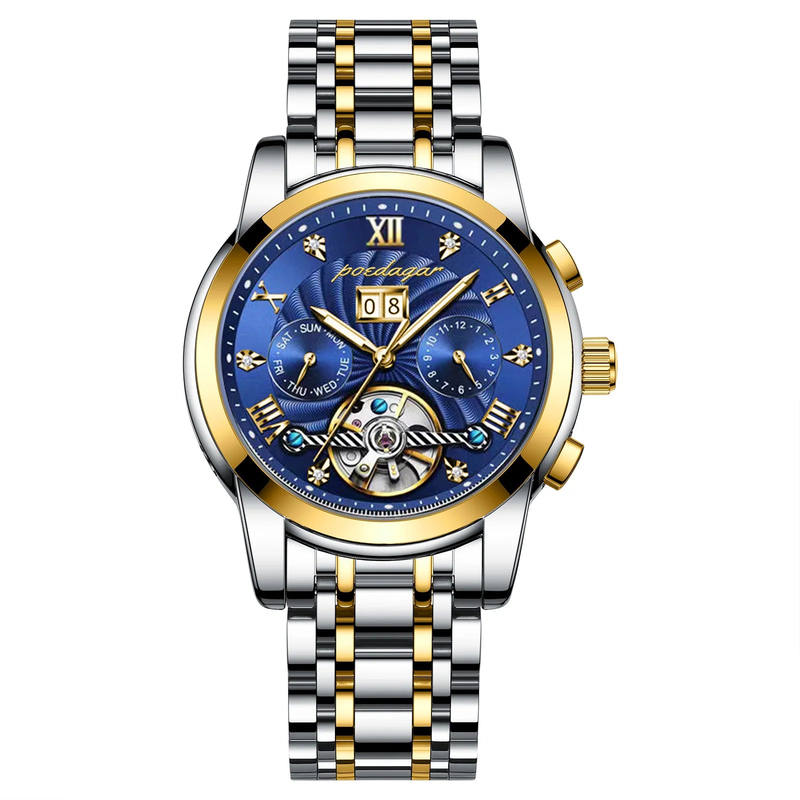 POEDAGAR 1408 Automatic Tourbillon Business Watch Luxury Hollow Waterproof Stainless Steel Men Mechanical Watches Gold Blue