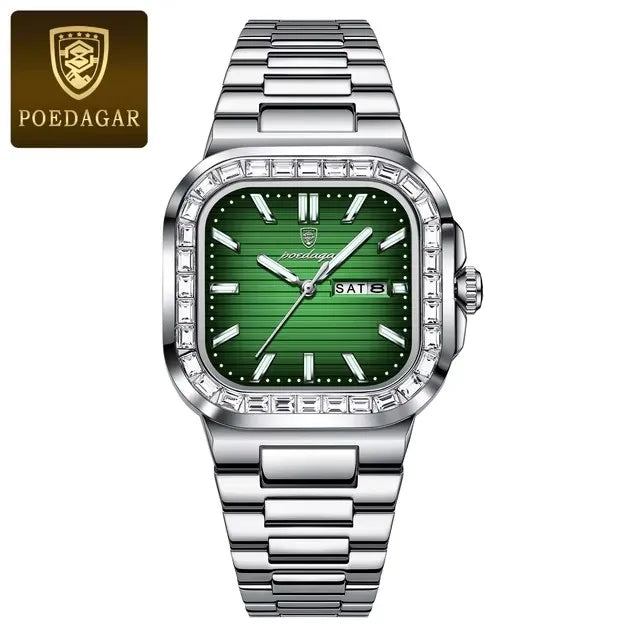 POEDAGAR 975 Luxury Square Watch for Men Waterproof Luminous Date Week Man Watch Stainless Steel Fashion Quartz Men's Watches
