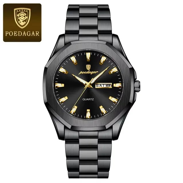 POEDAGAR 875 Date Display Stainless Steel Quartz Men's Luxury Original Mens Watches Waterproof Luminous Chronograph Wristwatches