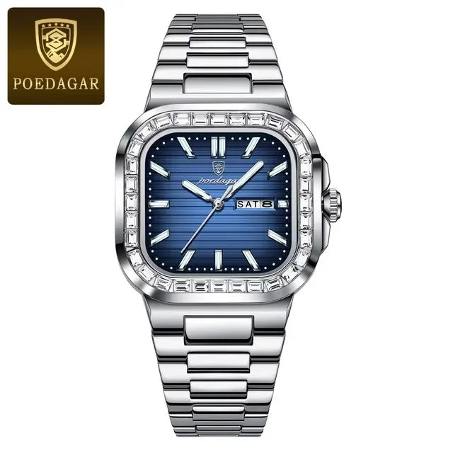 POEDAGAR 975 Luxury Square Watch for Men Waterproof Luminous Date Week Man Watch Stainless Steel Fashion Quartz Men's Watches