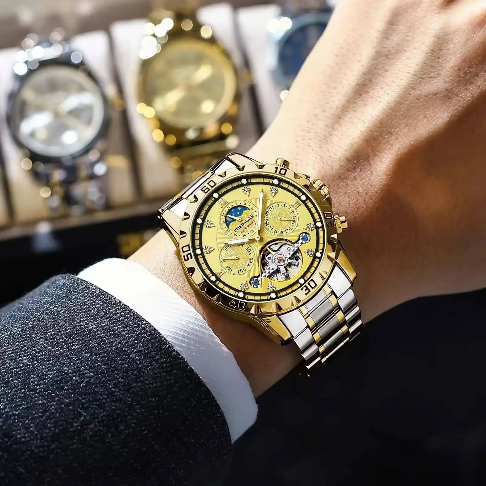 POEDAGAR 1412 Men's Mechanical Watch Tourbillon Gold Stainless Steel Band Luminous Moon Phase Day Function Water Shock Resistant