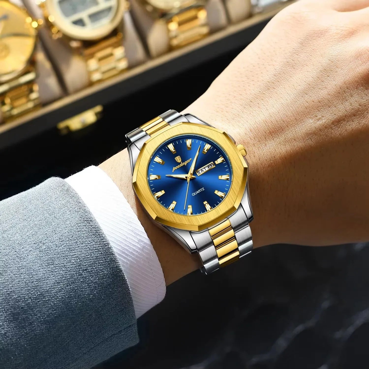 POEDAGAR 875 Date Display Stainless Steel Quartz Men's Luxury Original Mens Watches Waterproof Luminous Chronograph Wristwatches