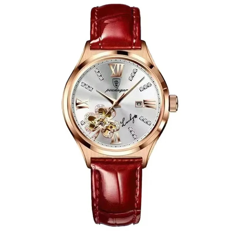 POEDAGAR 328 Special China Women Quartz Watch Latest Leather Strap Water Resistant Date Display Flower Casual Wristwatch