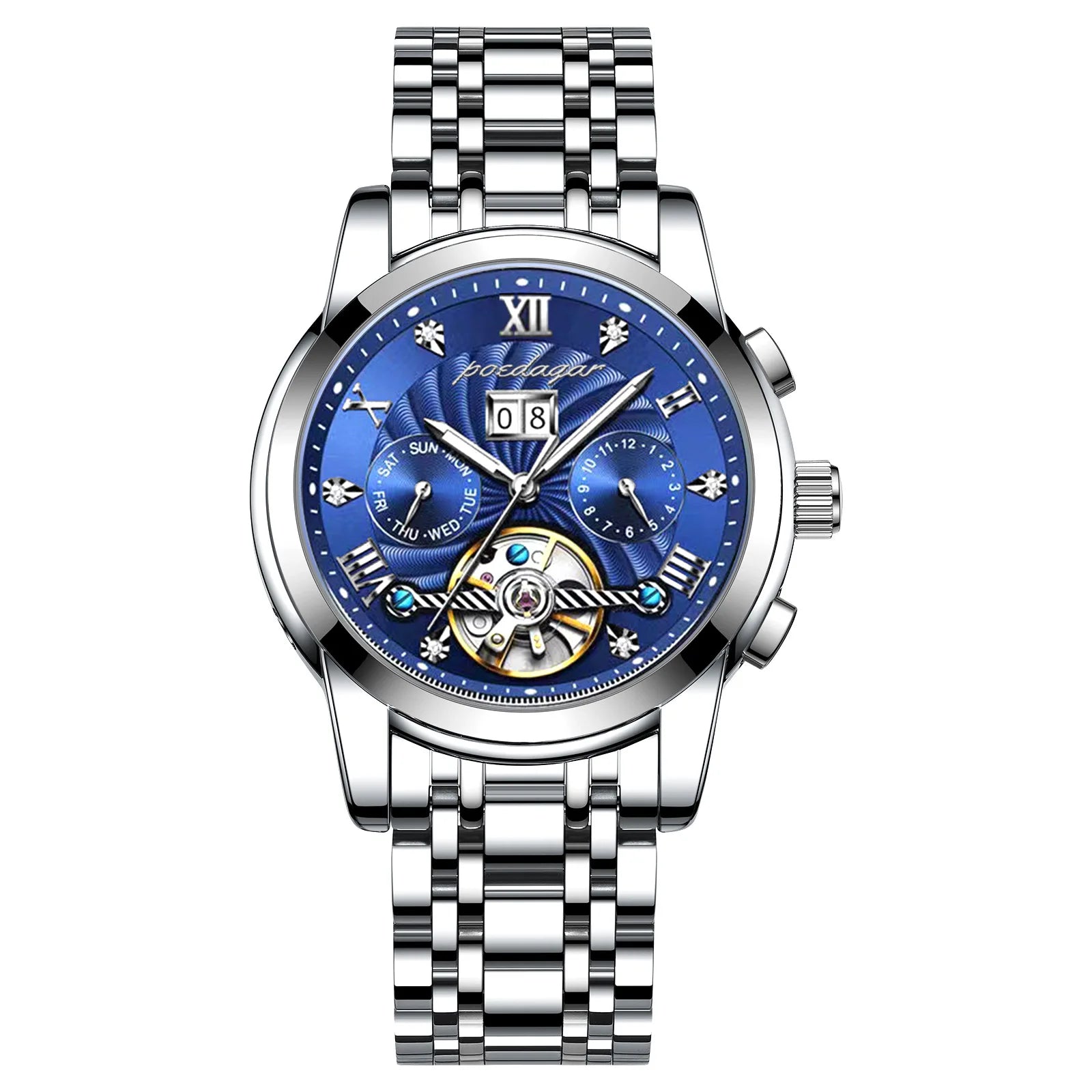 POEDAGAR 1408 Automatic Tourbillon Business Watch Luxury Hollow Waterproof Stainless Steel Men Mechanical Watches Gold Blue