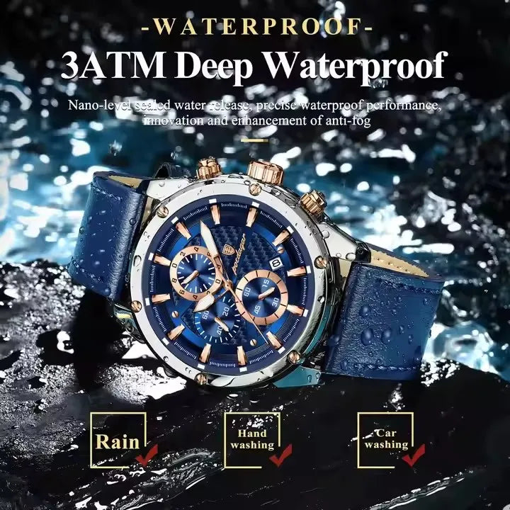 POEDAGAR 860 Fashion Blue Dial Silver Case Multifunction Chronograph Luxury Leather Quartz Watches for Men Business Mens Gift