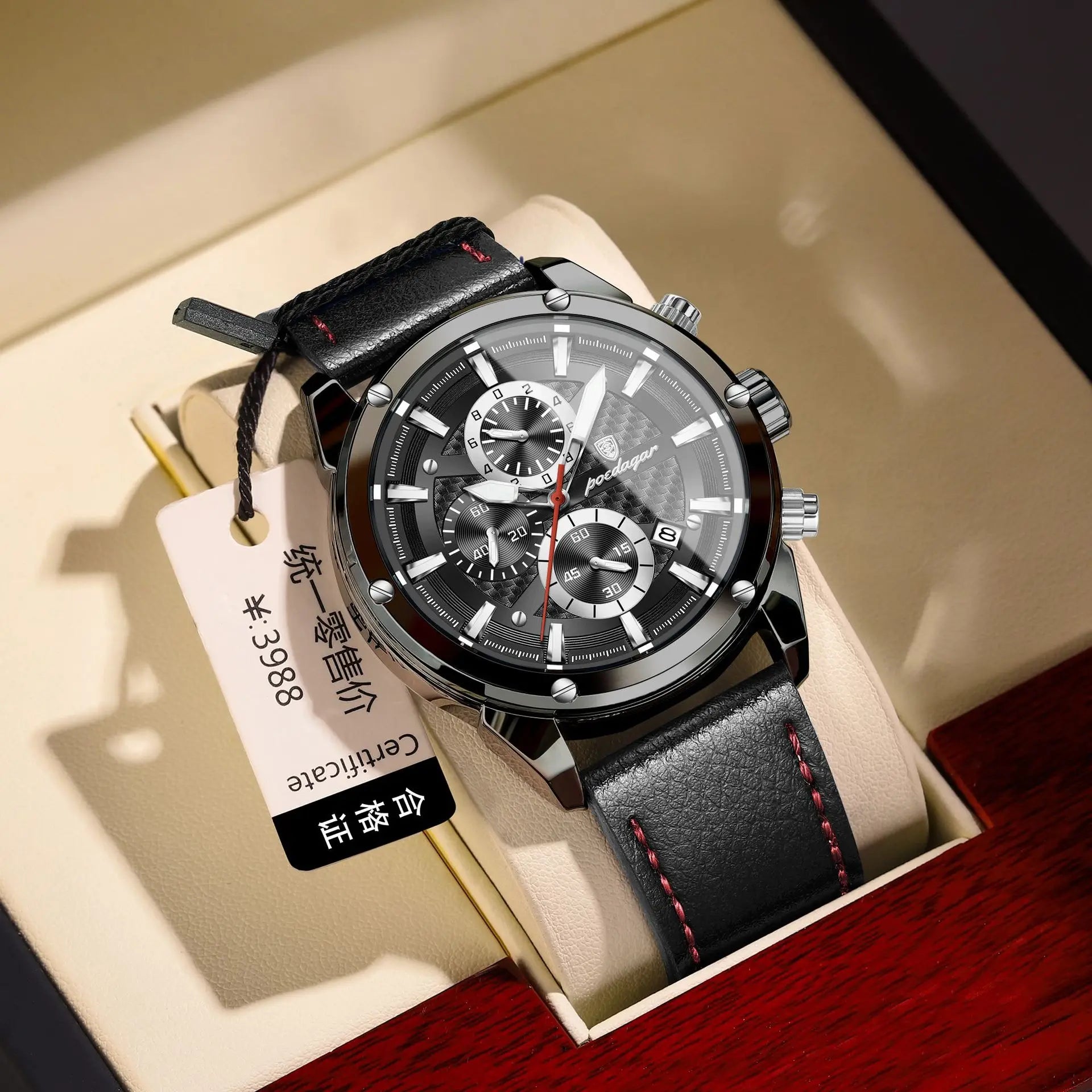 POEDAGAR 860 Fashion Blue Dial Silver Case Multifunction Chronograph Luxury Leather Quartz Watches for Men Business Mens Gift