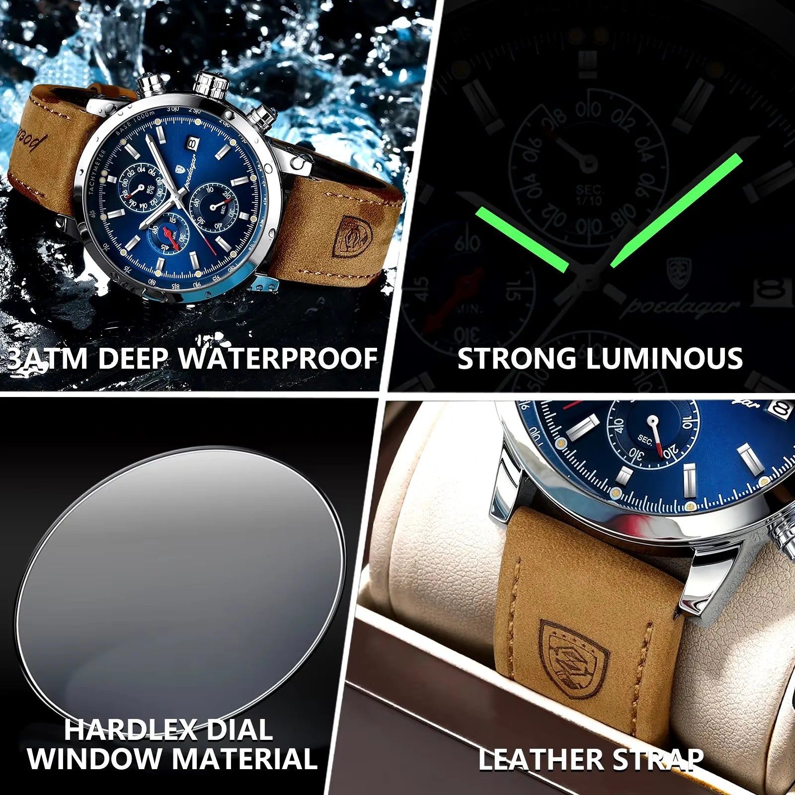 POEDAGAR 932 NewLuxury Wristwatch for Man Waterproof Luminous Chronograph Men Sports Leather Quartz Watches  Reloj