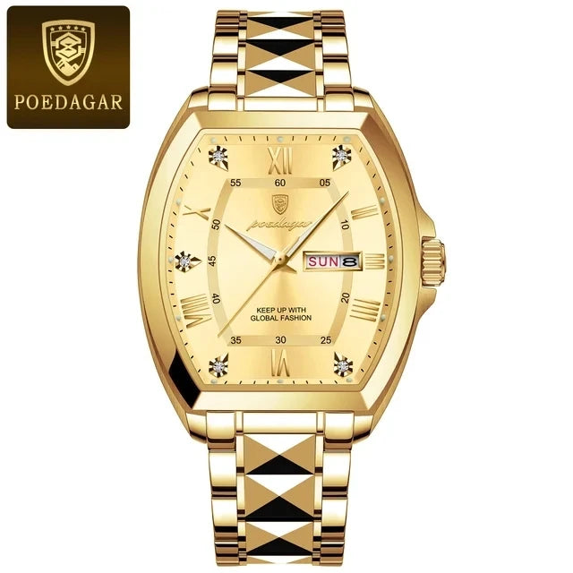 POEDAGAR Square Gold Quartz Watches Business Double Calendar Luxury Watch for Men Stainless Steel Waterproof Clock New Hot Sale