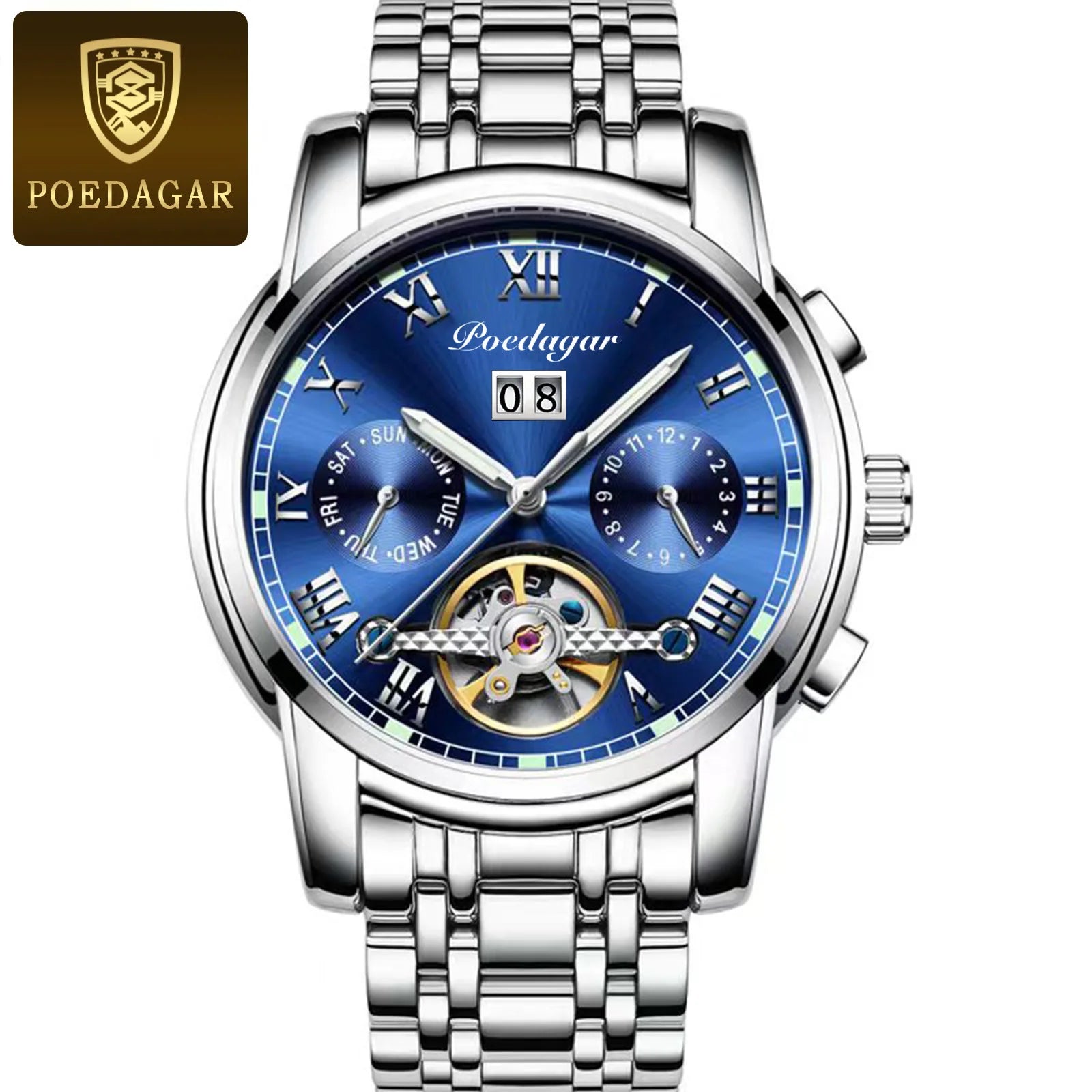 Poedagar 141  Skeleton Waterproof Men Watch  Mechanical Gold Blue Automatic Mens Watches Luxury Stainless Steel Wristwatch Man