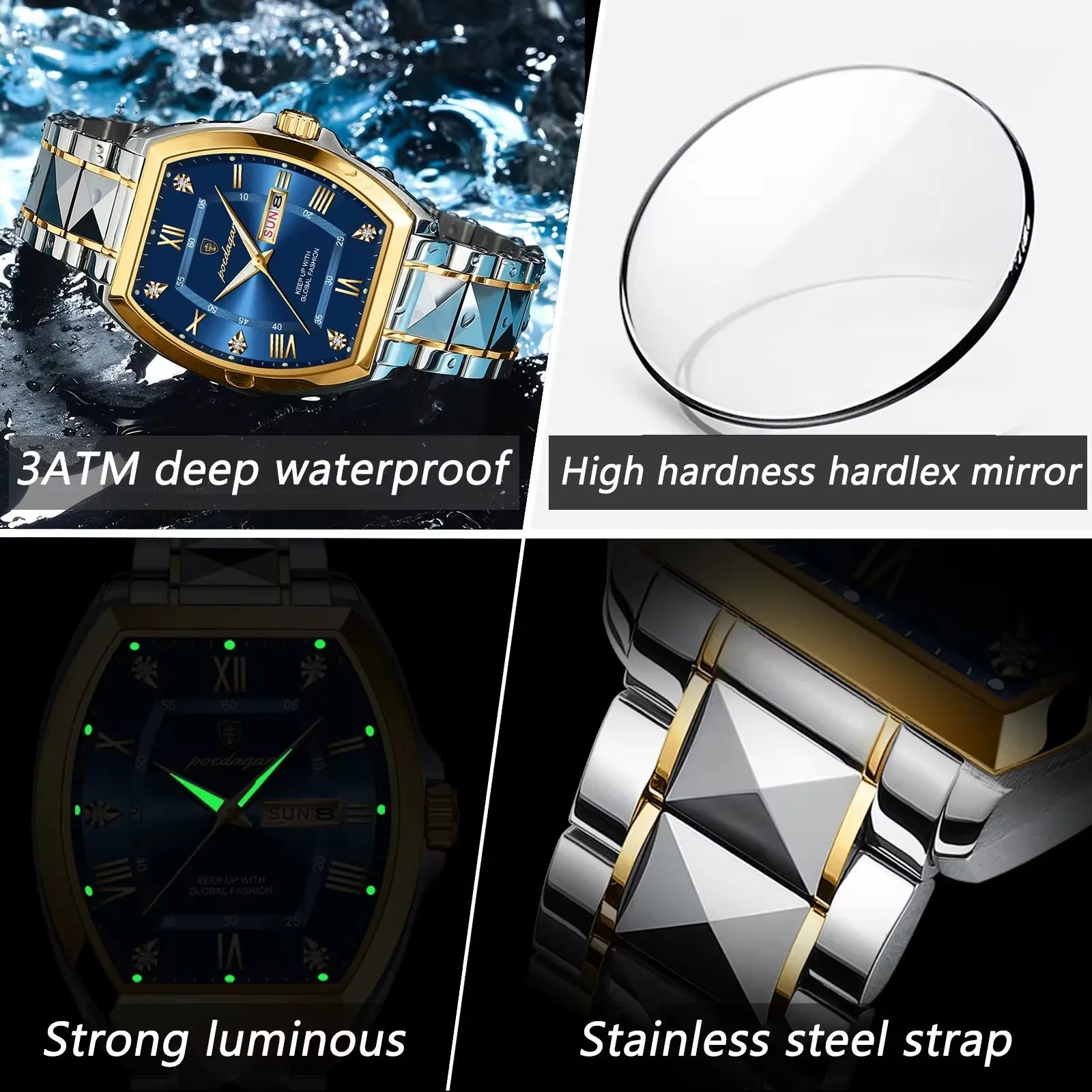 POEDAGAR Square Gold Quartz Watches Business Double Calendar Luxury Watch for Men Stainless Steel Waterproof Clock New Hot Sale