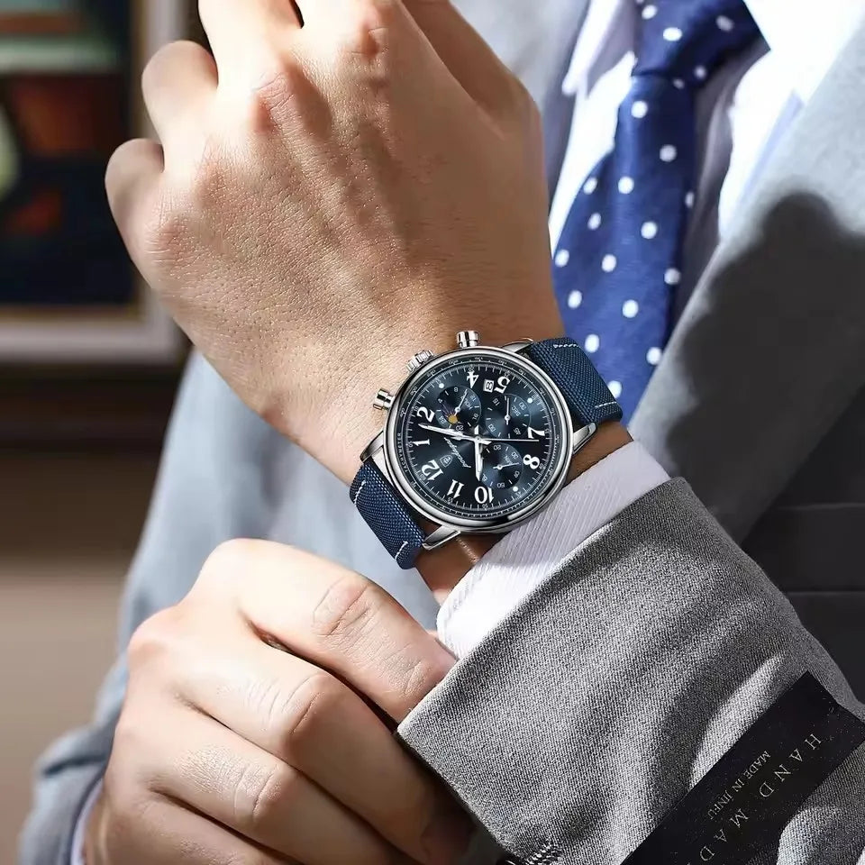 POEDAGAR Men Watches 808 Luxury Band Classics Quartz Watch Man Leather Strap Date Waterproof Chronograph Moon Phase Hand Clock