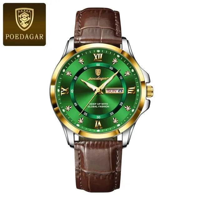 POEDAGAR 855 Watches Men Brown Genuine Leather Quartz Movement New Arrival Waterproof Luminous Casual Business Luxury Wristwatch