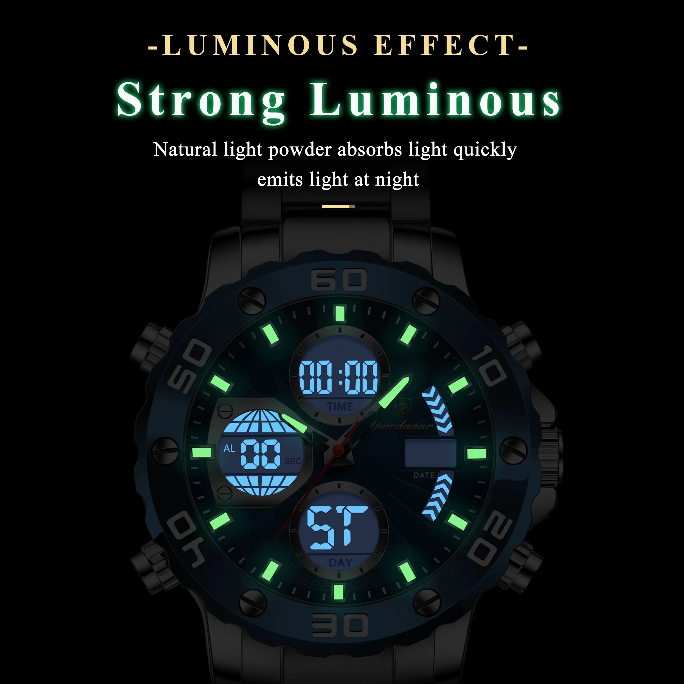 POEDAGAR E102 Dual Time Display Digital Quartz Men Watch Sport Stainless Wristwatch LED Alarm Electronic Waterproof Mens Watches