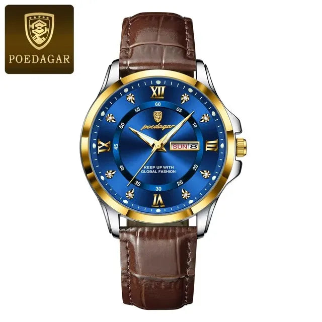 POEDAGAR 855 Watches Men Brown Genuine Leather Quartz Movement New Arrival Waterproof Luminous Casual Business Luxury Wristwatch