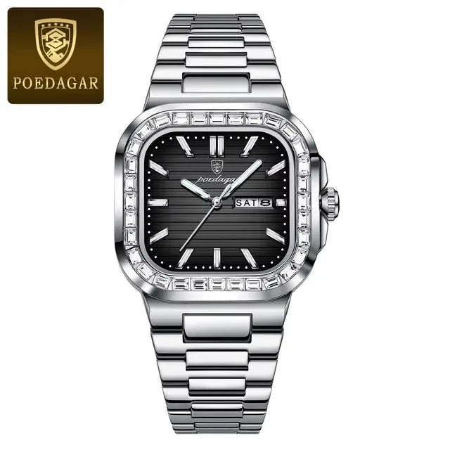 POEDAGAR 975 Luxury Square Watch for Men Waterproof Luminous Date Week Man Watch Stainless Steel Fashion Quartz Men's Watches