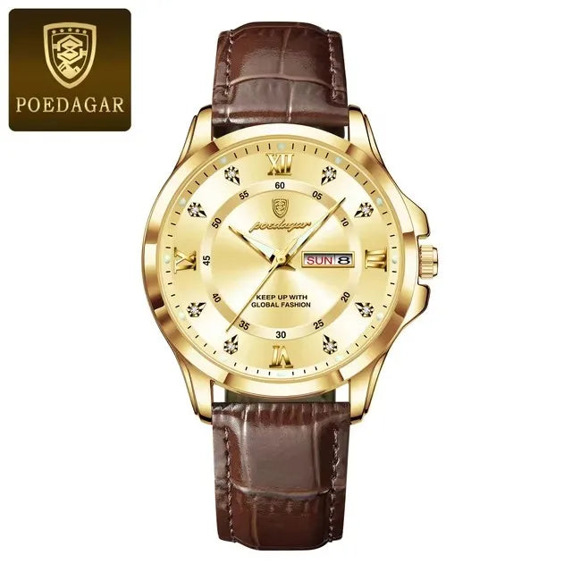 POEDAGAR 855 Watches Men Brown Genuine Leather Quartz Movement New Arrival Waterproof Luminous Casual Business Luxury Wristwatch