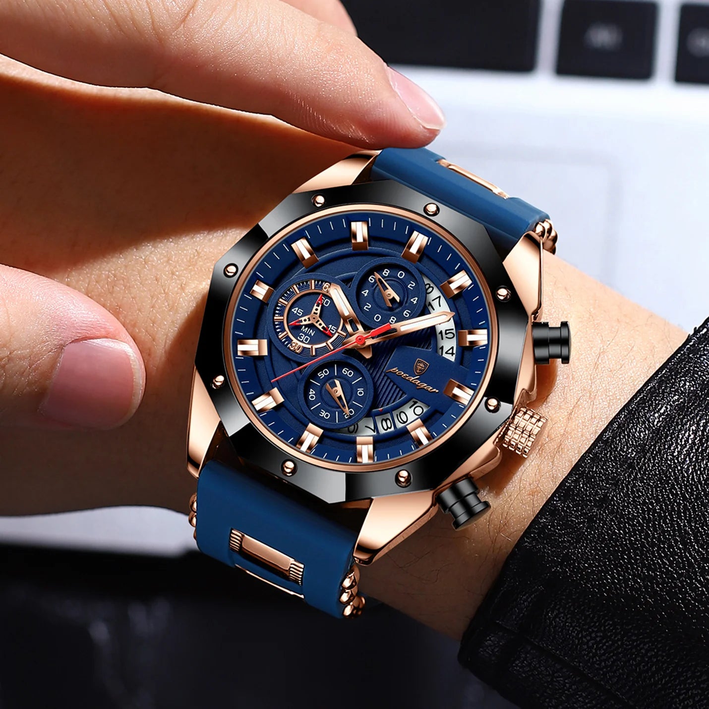 POEDAGAR 913 Men Night Light Watch Waterproof Luminous Sport Business Chronograph Blue Silicone Strap Japan Quartz Men's Watches