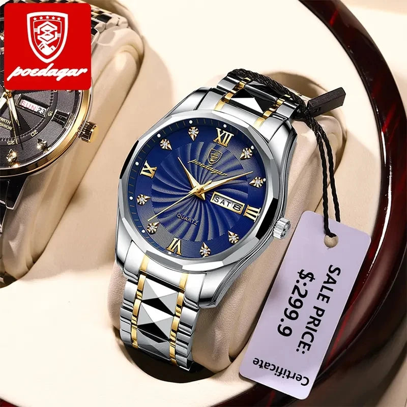 POEDAGAR 818 Men Watch Top Luxury Blue Dial Business Quartz Mens Watches Full Steel Waterproof Luminous Date Men's Wristwatch