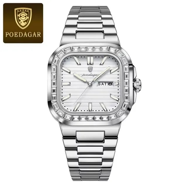 POEDAGAR 975 Luxury Square Watch for Men Waterproof Luminous Date Week Man Watch Stainless Steel Fashion Quartz Men's Watches
