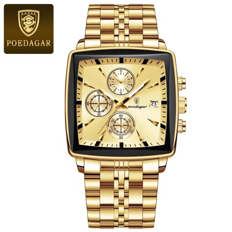 POEDAGAR New Business Men Clock Waterproof Luminous Calendar Chronograph Square Watch Stainless Steel Quartz Men's Watches 866