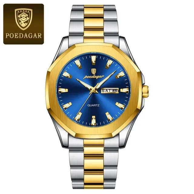 POEDAGAR 875 Date Display Stainless Steel Quartz Men's Luxury Original Mens Watches Waterproof Luminous Chronograph Wristwatches