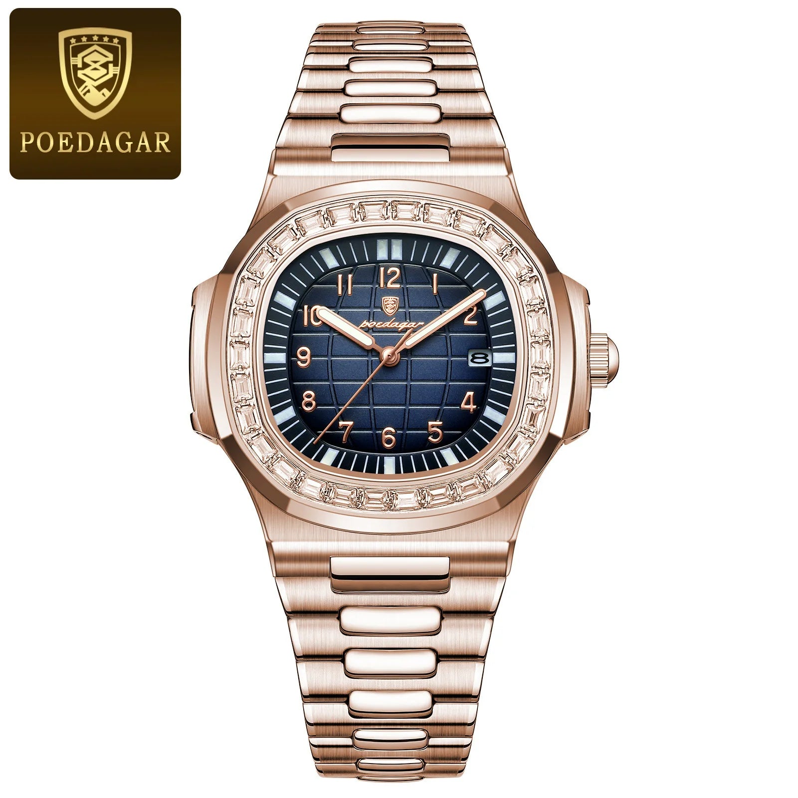 Top Brand Poedagar 925 Fashion Casual Rose Gold Square Men Quartz Watch Waterproof Luminous Date Stainless Steel Watch for Men