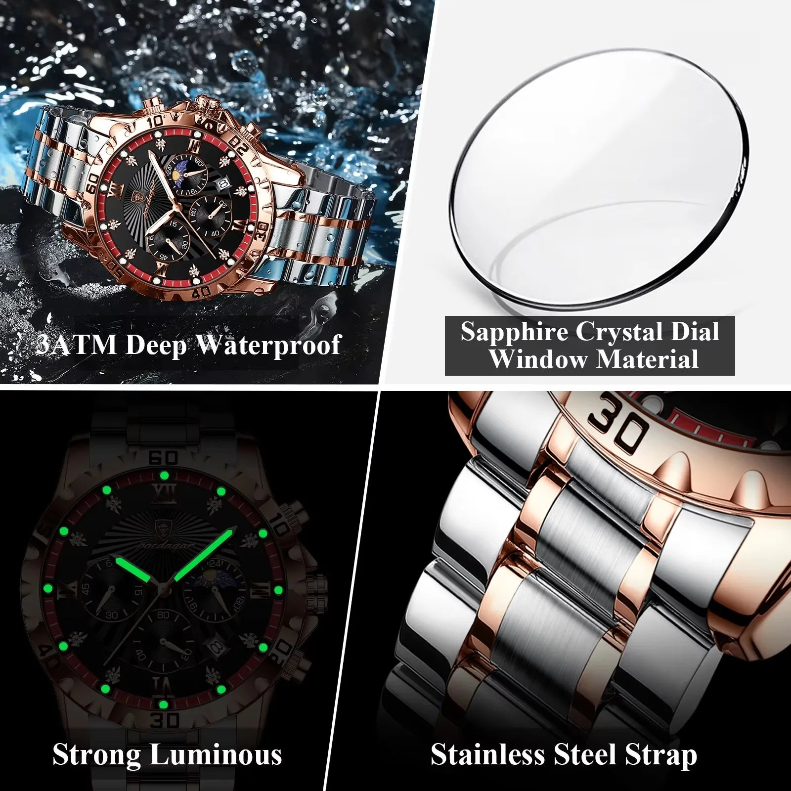 POEDAGAR 965 Diamonds Dial Watch Men Waterproof Luminous Chronograph Date Man Wristwatch Stainless Steel Quartz Men's Watches