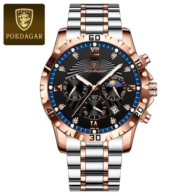 POEDAGAR 965 Diamonds Dial Watch Men Waterproof Luminous Chronograph Date Man Wristwatch Stainless Steel Quartz Men's Watches