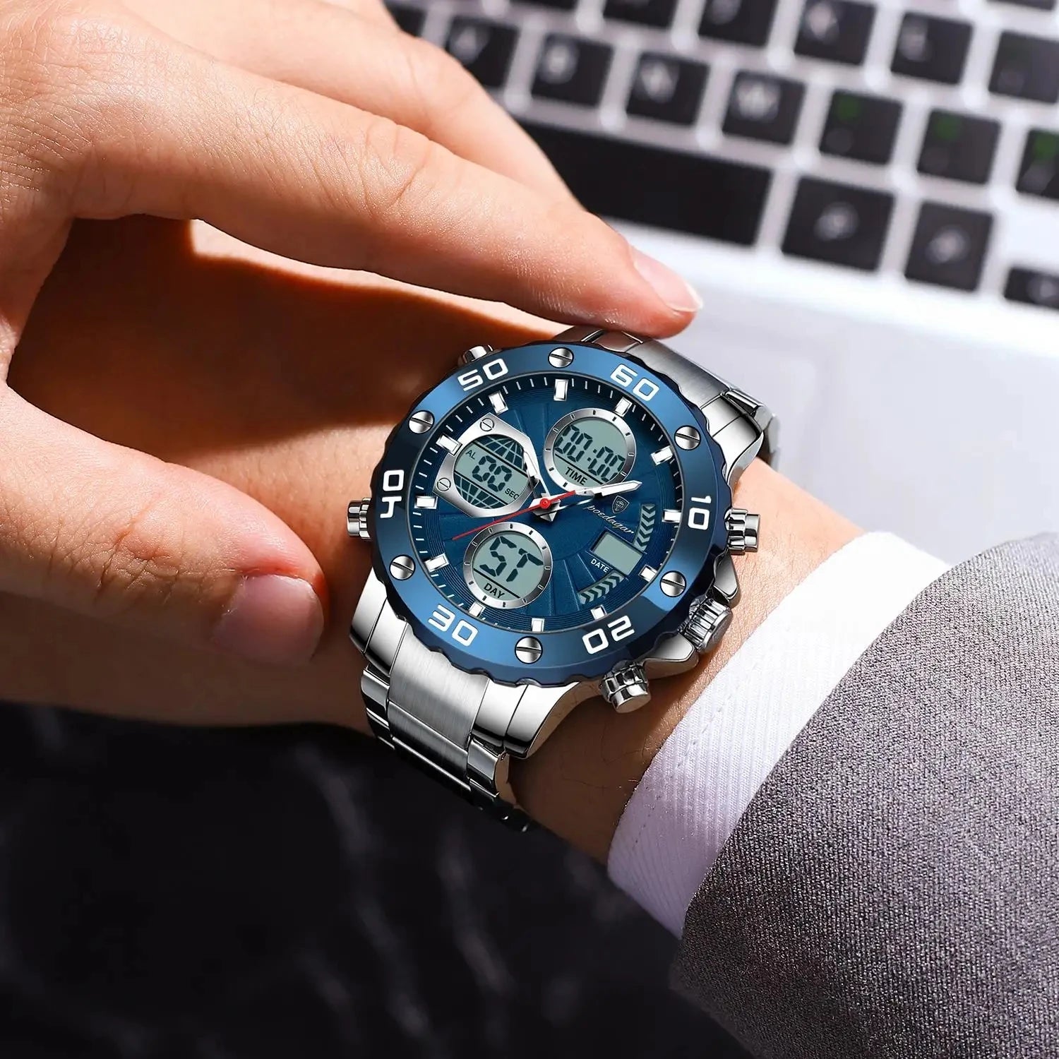 POEDAGAR E102 Dual Time Display Digital Quartz Men Watch Sport Stainless Wristwatch LED Alarm Electronic Waterproof Mens Watches