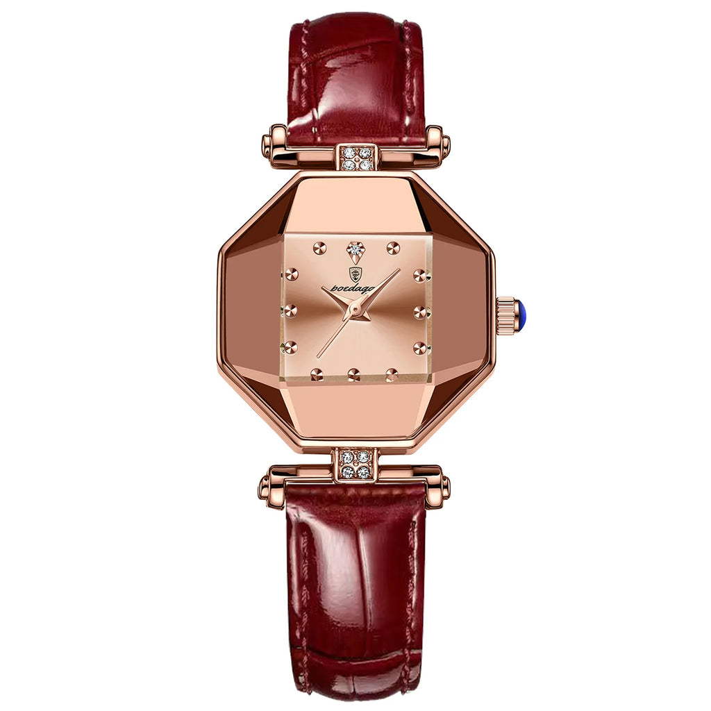 POEDAGAR 368 Red Small Quartz Watch for Women Hot Sale Fashion Leather Band Diamond Dial Square Wristwatch Luxury Female Watches