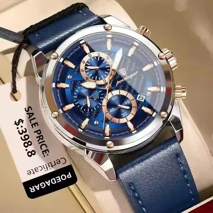 POEDAGAR 860 Fashion Blue Dial Silver Case Multifunction Chronograph Luxury Leather Quartz Watches for Men Business Mens Gift