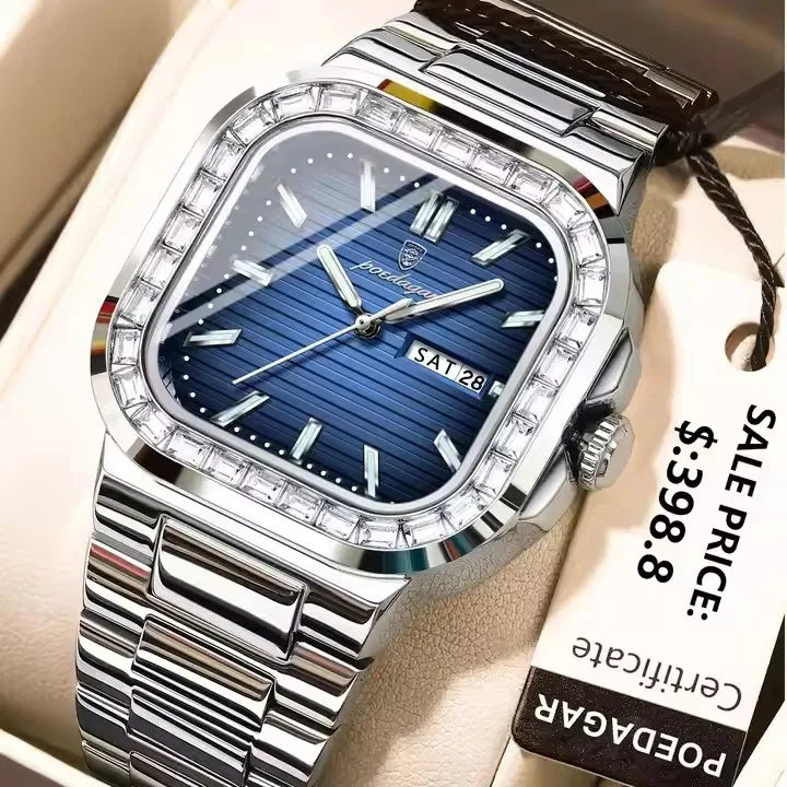 POEDAGAR 975 Luxury Square Watch for Men Waterproof Luminous Date Week Man Watch Stainless Steel Fashion Quartz Men's Watches