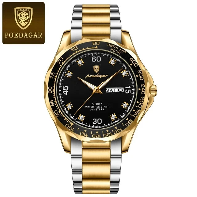 POEDAGAR Top 41mm Quartz Male Wristwatch Waterproof Luminous Date Week Watch for Men Stainless Steel Sport Men's Watches