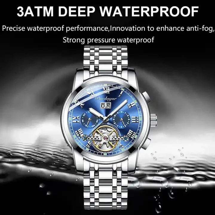 Poedagar 141  Skeleton Waterproof Men Watch  Mechanical Gold Blue Automatic Mens Watches Luxury Stainless Steel Wristwatch Man