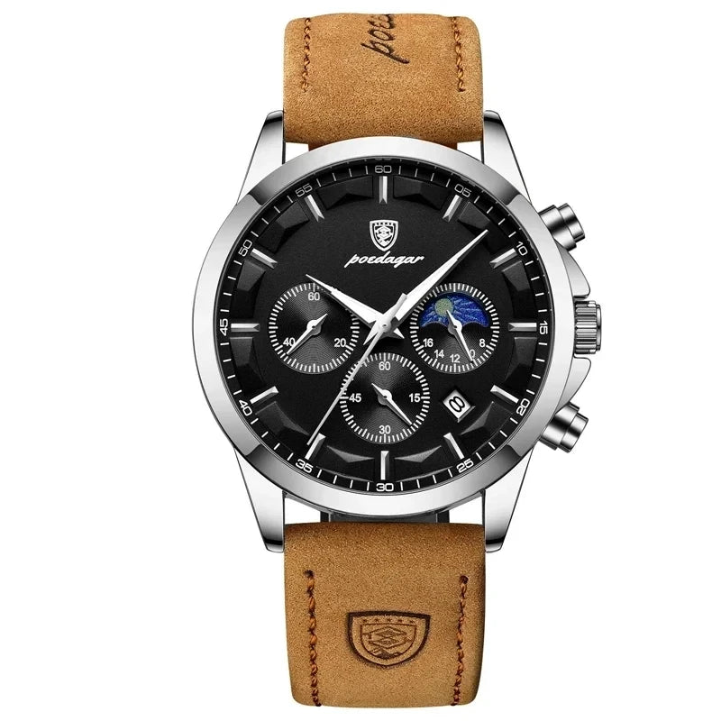POEDAGAR 928 Men Multifunction Waterproof Watch Chronograph Stainless Steel Case Leather Strap Man Business Sport Quartz Watches