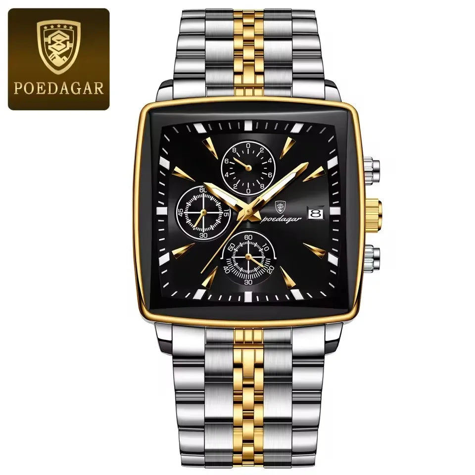 POEDAGAR New Business Men Clock Waterproof Luminous Calendar Chronograph Square Watch Stainless Steel Quartz Men's Watches 866