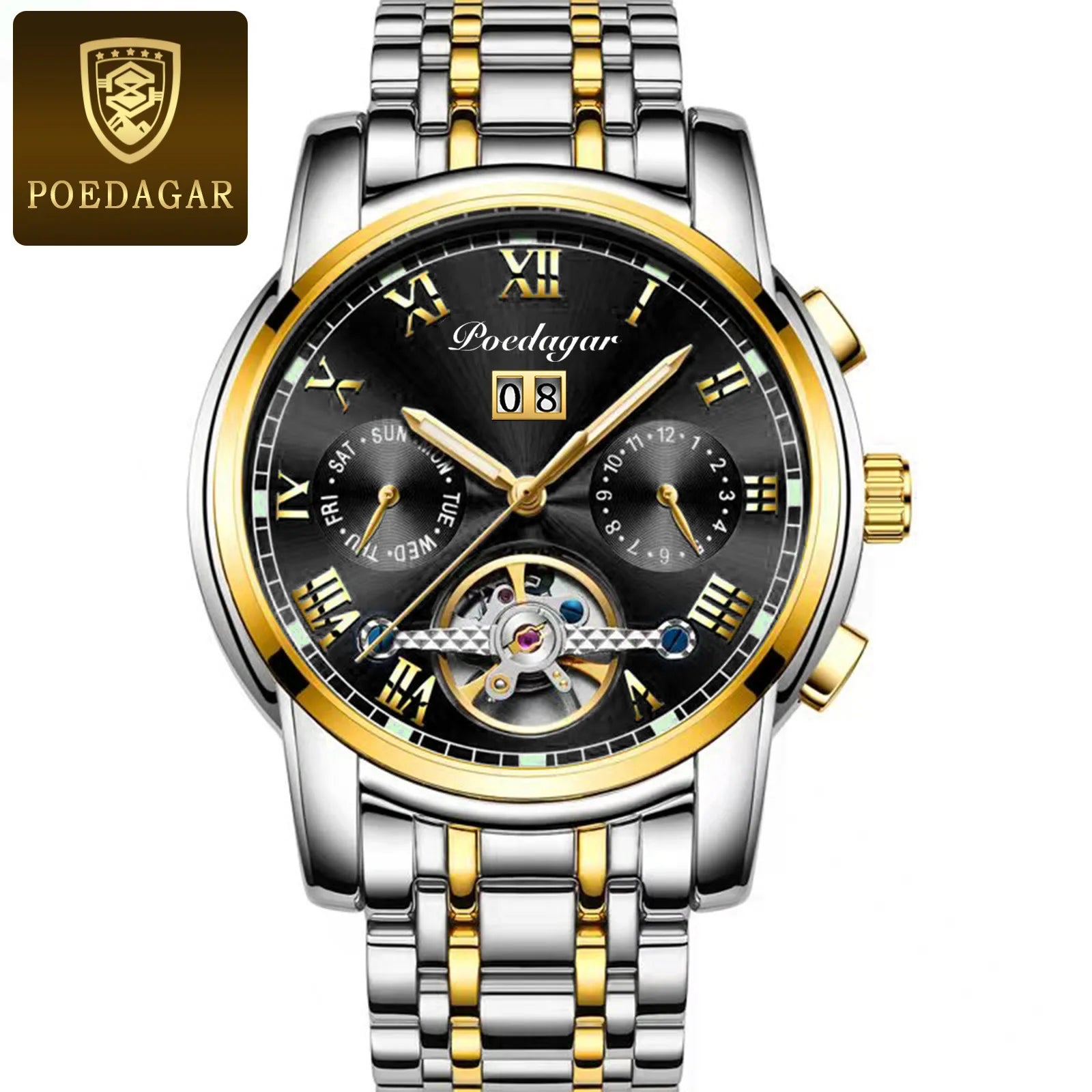 Poedagar 141  Skeleton Waterproof Men Watch  Mechanical Gold Blue Automatic Mens Watches Luxury Stainless Steel Wristwatch Man