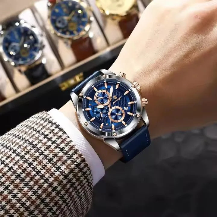 POEDAGAR 860 Fashion Blue Dial Silver Case Multifunction Chronograph Luxury Leather Quartz Watches for Men Business Mens Gift