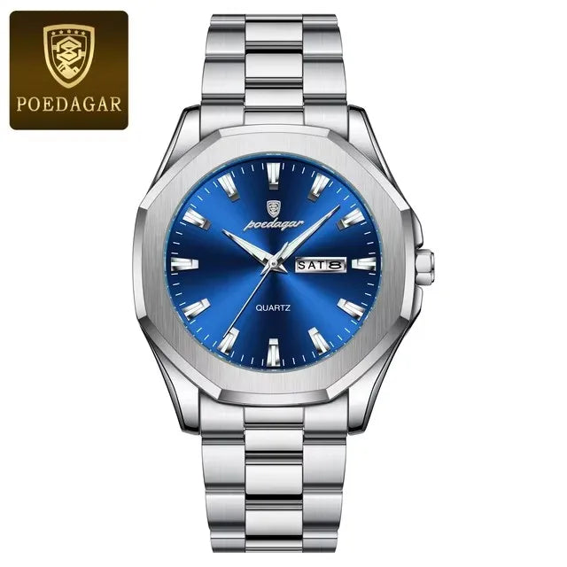 POEDAGAR 875 Date Display Stainless Steel Quartz Men's Luxury Original Mens Watches Waterproof Luminous Chronograph Wristwatches