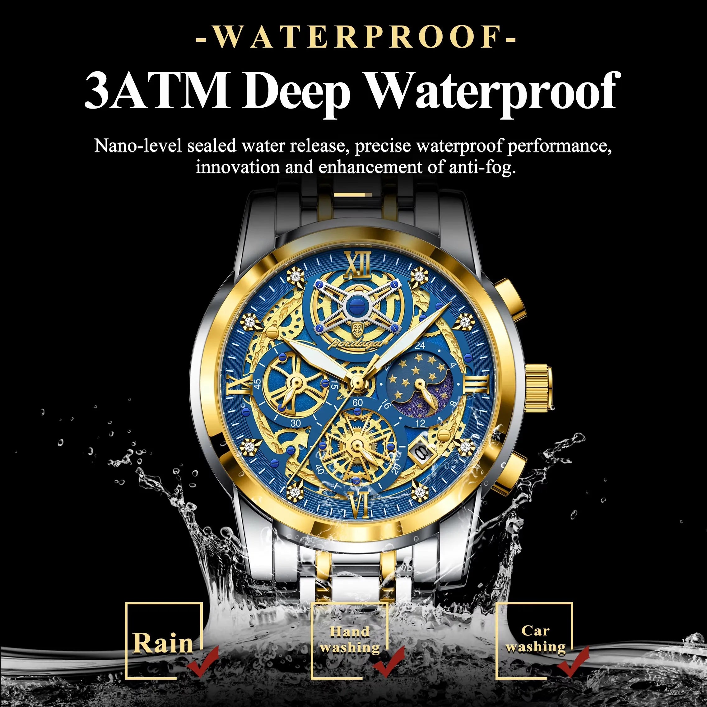 POEDAGAR 984 Top Brand Business Stainless Steel Belt Fashion Men's Watch 30M Deep Waterproof Auto Date Japan Quartz Male Watches