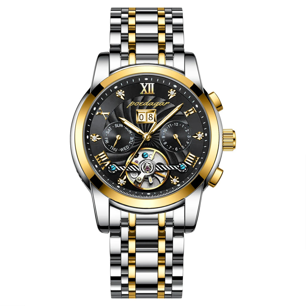 POEDAGAR 1408 Automatic Tourbillon Business Watch Luxury Hollow Waterproof Stainless Steel Men Mechanical Watches Gold Blue