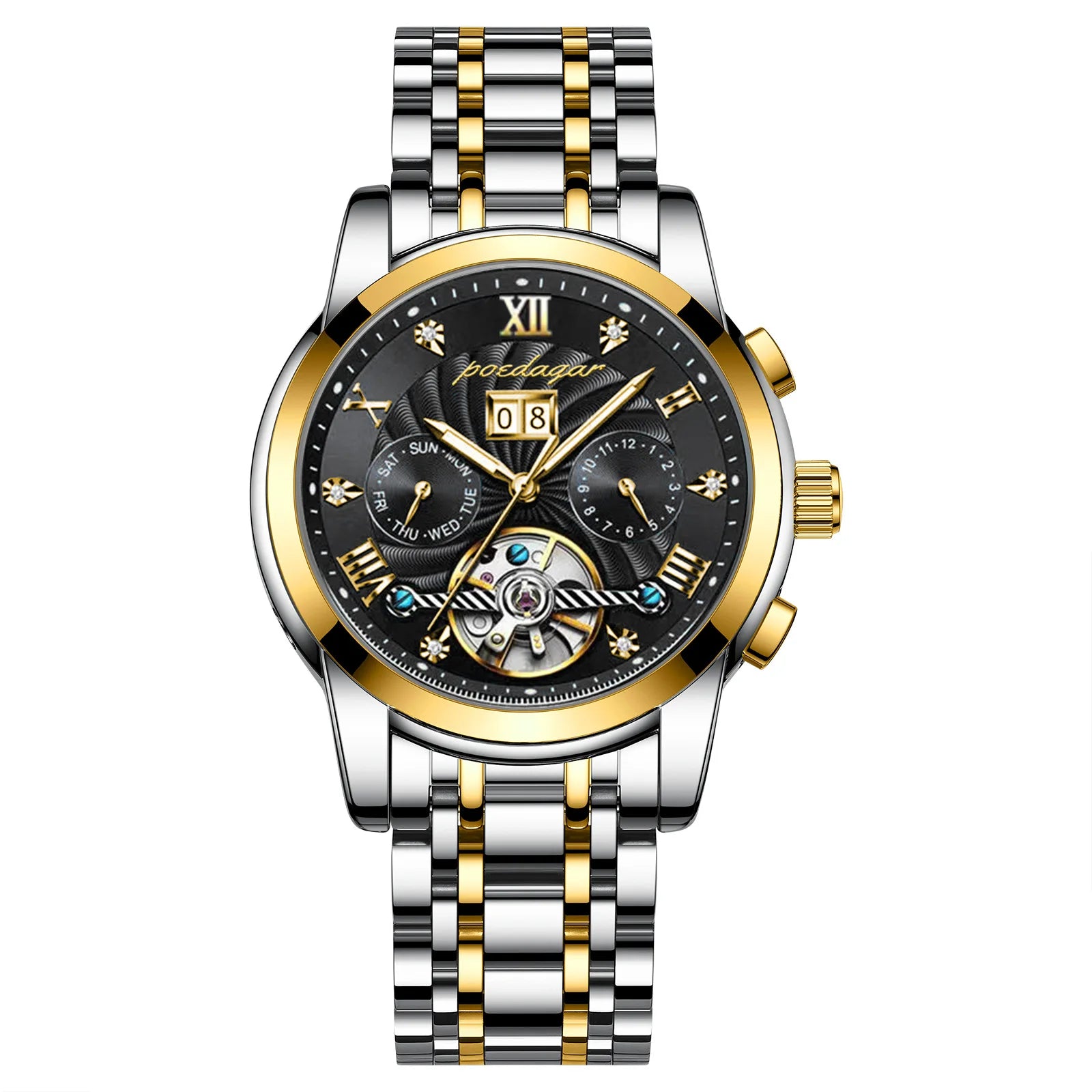 POEDAGAR 1408 Automatic Tourbillon Business Watch Luxury Hollow Waterproof Stainless Steel Men Mechanical Watches Gold Blue