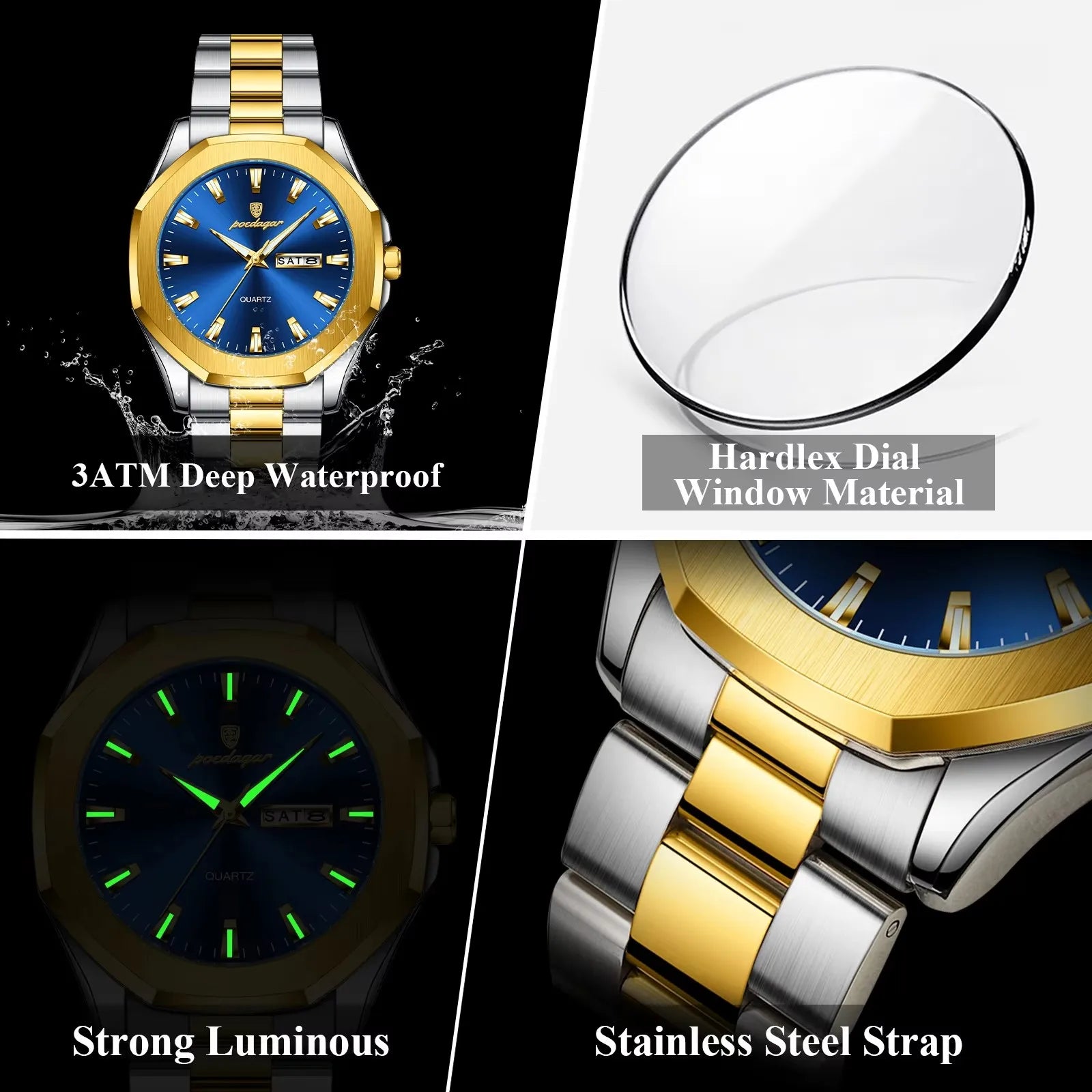 POEDAGAR 875 Date Display Stainless Steel Quartz Men's Luxury Original Mens Watches Waterproof Luminous Chronograph Wristwatches
