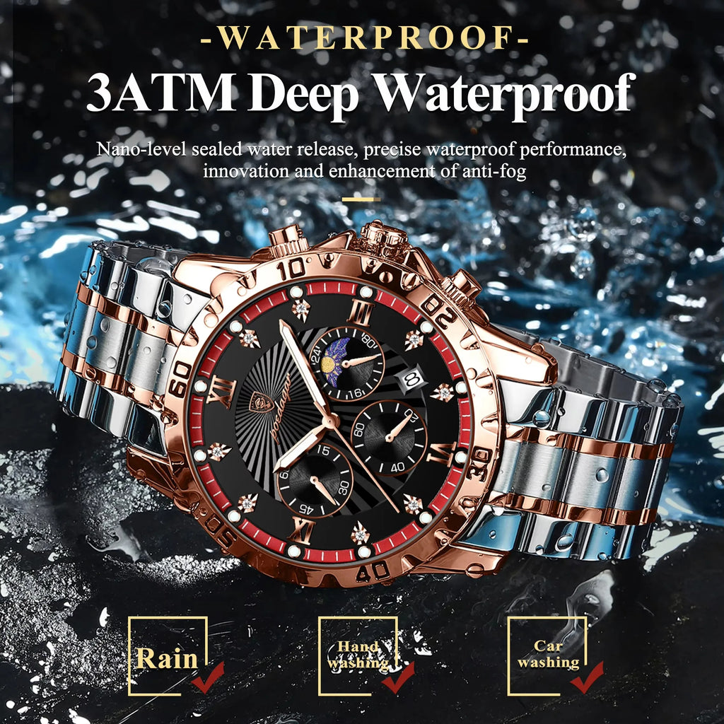 POEDAGAR 965 Diamonds Dial Watch Men Waterproof Luminous Chronograph Date Man Wristwatch Stainless Steel Quartz Men's Watches