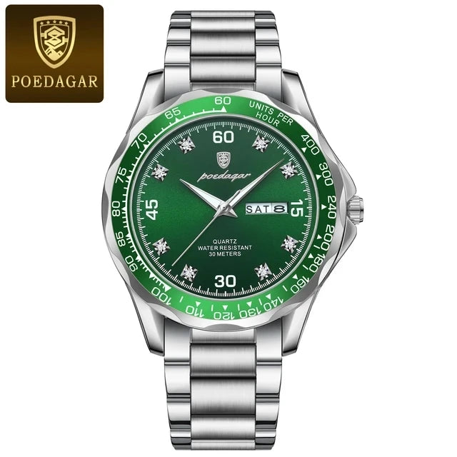 POEDAGAR Top 41mm Quartz Male Wristwatch Waterproof Luminous Date Week Watch for Men Stainless Steel Sport Men's Watches