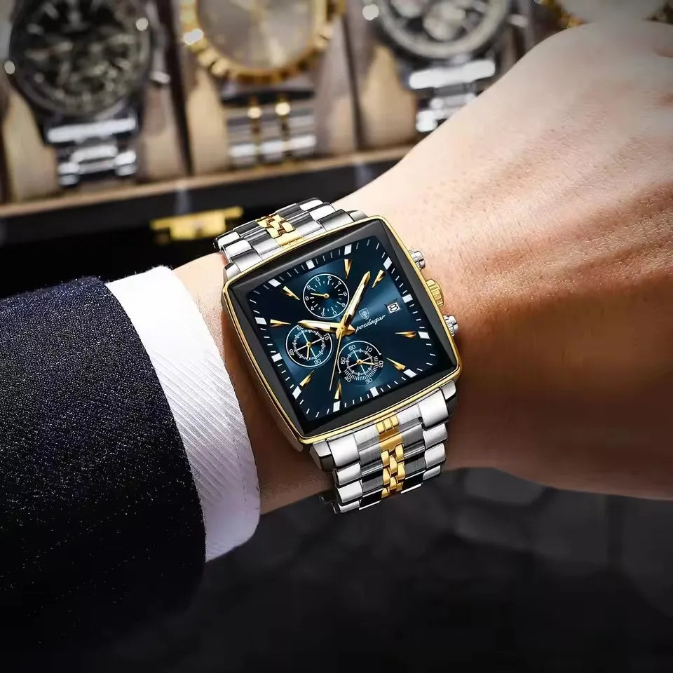 POEDAGAR New Business Men Clock Waterproof Luminous Calendar Chronograph Square Watch Stainless Steel Quartz Men's Watches 866