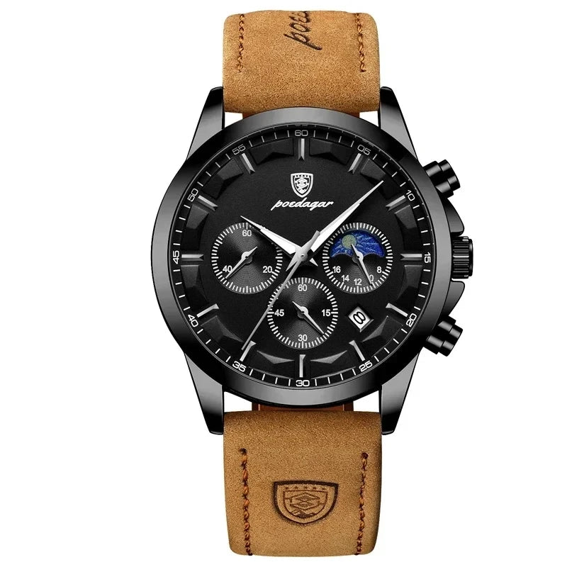 POEDAGAR 928 Men Multifunction Waterproof Watch Chronograph Stainless Steel Case Leather Strap Man Business Sport Quartz Watches