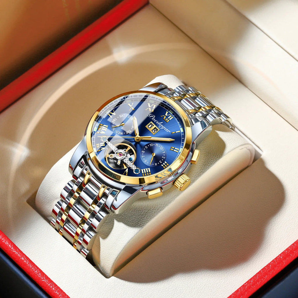 Poedagar 141  Skeleton Waterproof Men Watch  Mechanical Gold Blue Automatic Mens Watches Luxury Stainless Steel Wristwatch Man